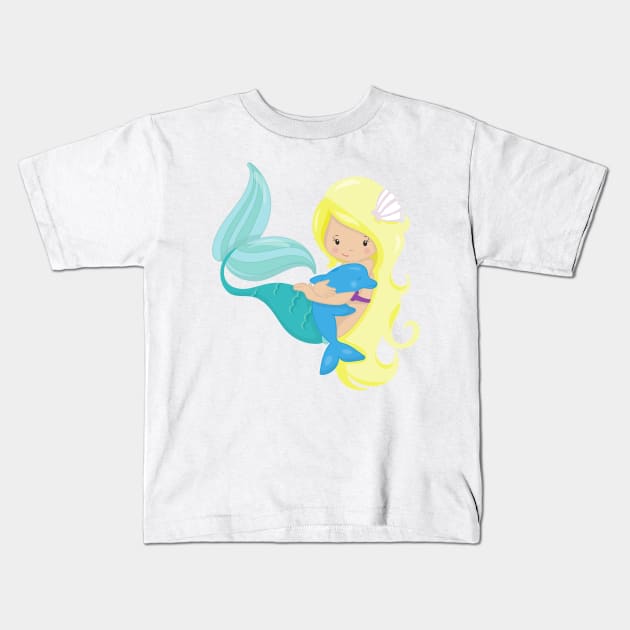 Cute Mermaid, Little Mermaid, Blonde Hair, Dolphin Kids T-Shirt by Jelena Dunčević